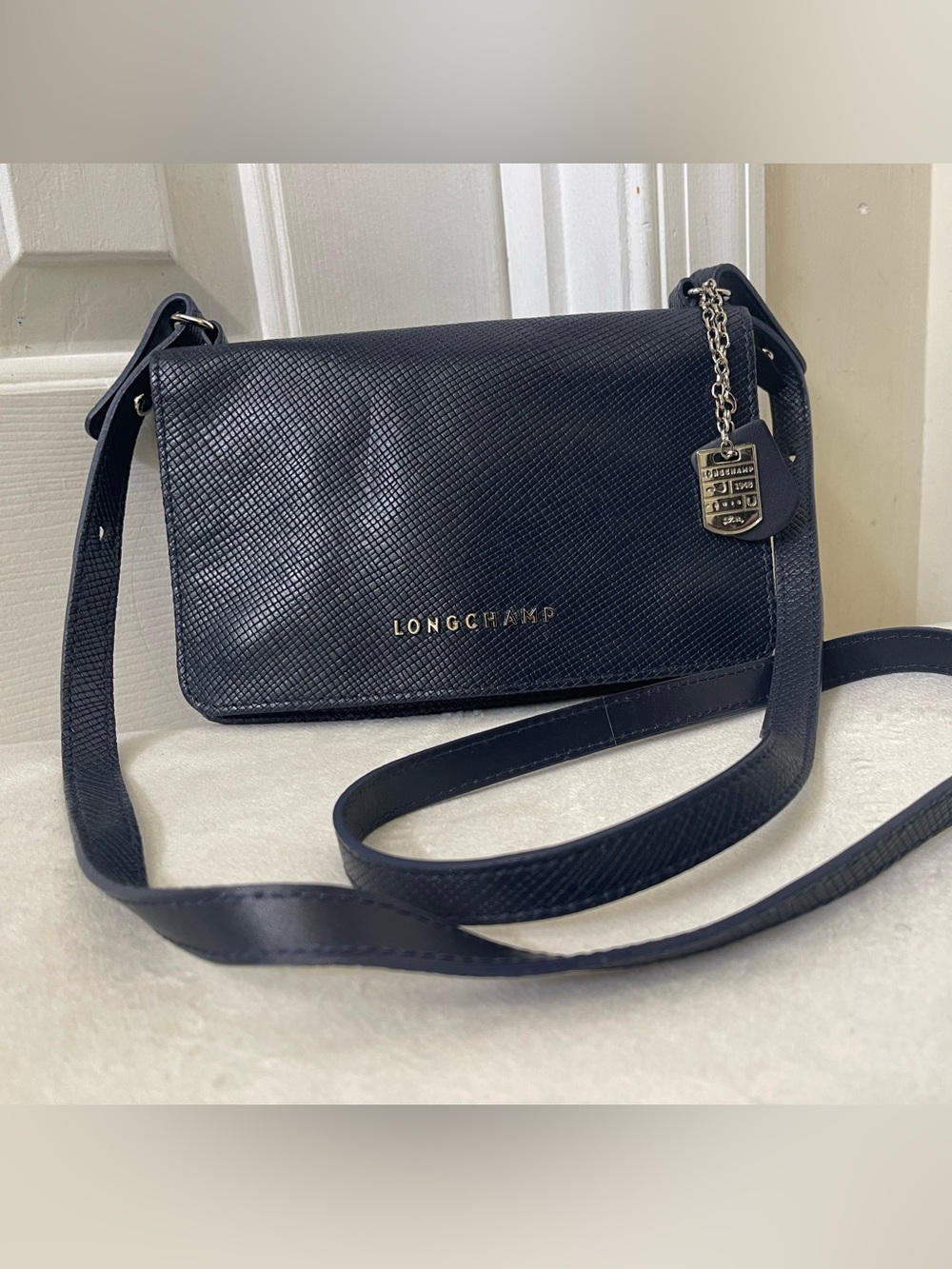 Longchamp Quadri Navy Textured Leather Crossbody with Sliver Charm